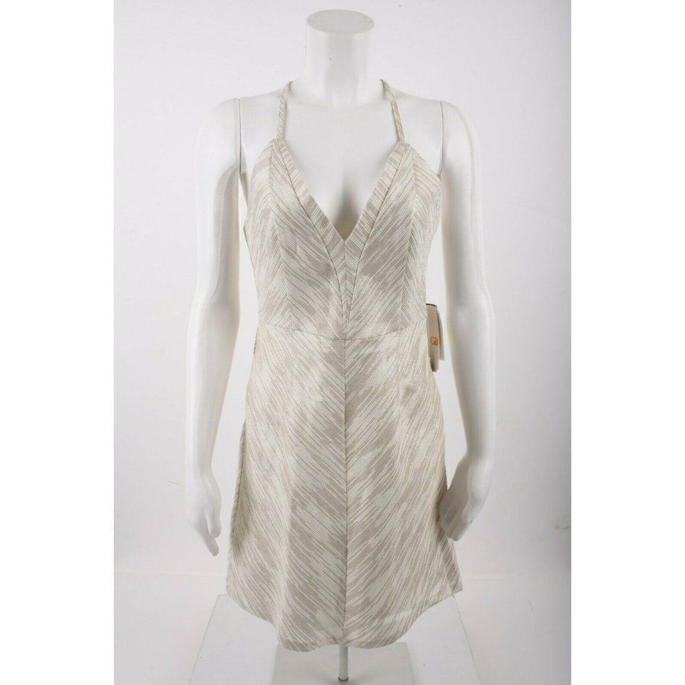 GB Womens Party Cocktail Dress M Silver Ivory Striped Sleeveless V-Neck NWT